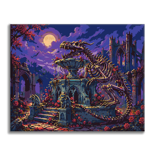 Squelette de dinosaure dans un jardin gothique – Peinture par numéros