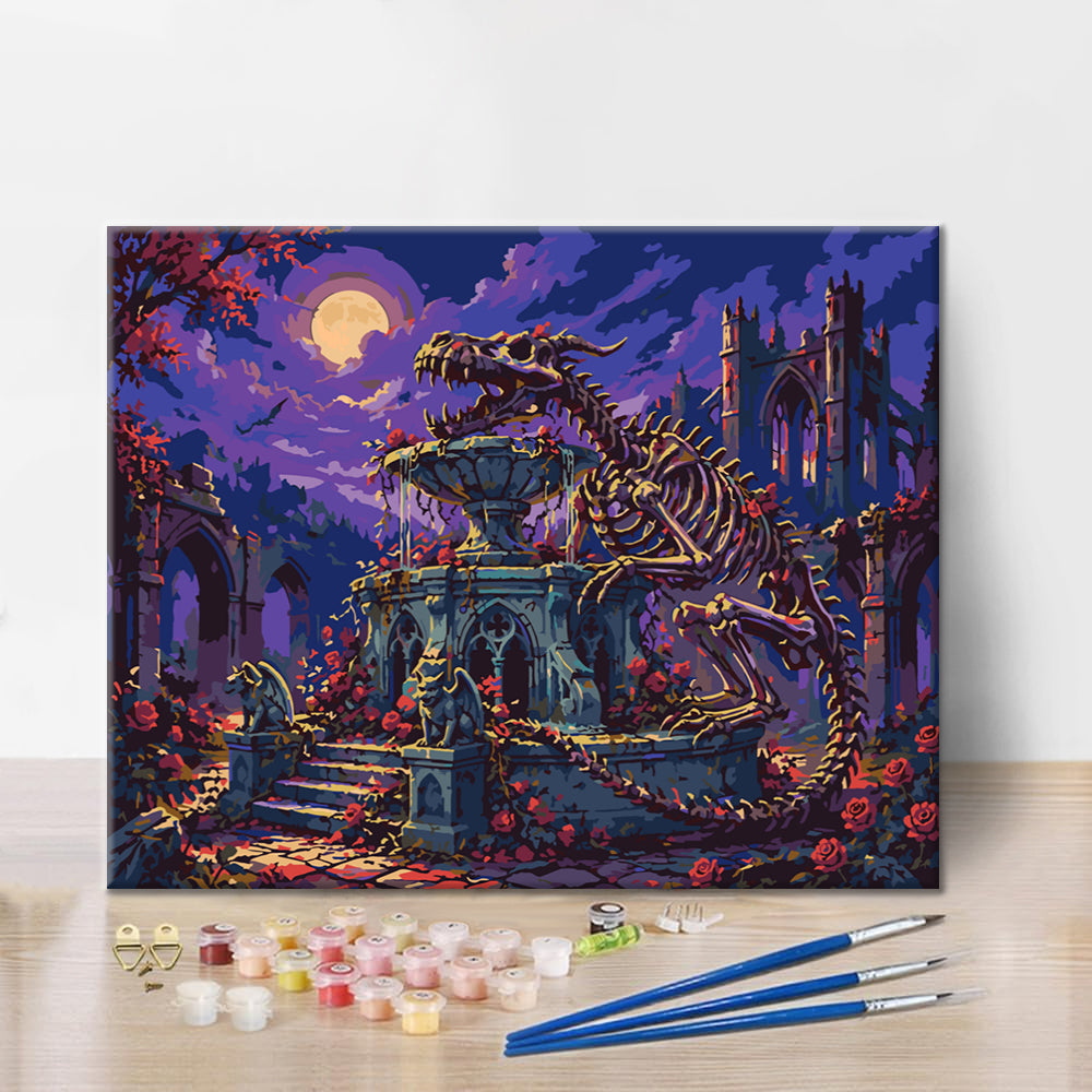 Squelette de dinosaure dans un jardin gothique – Peinture par numéros