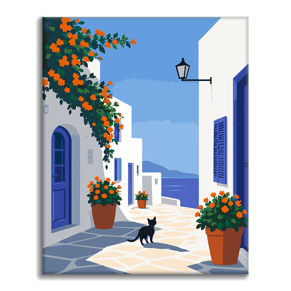Ruelle d’île grecque avec un chat noir – Peinture par numéros