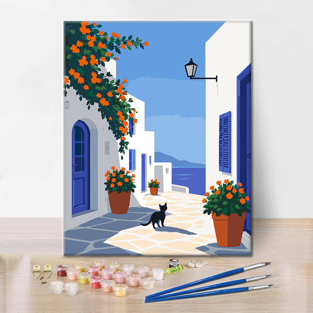 Ruelle d’île grecque avec un chat noir – Peinture par numéros