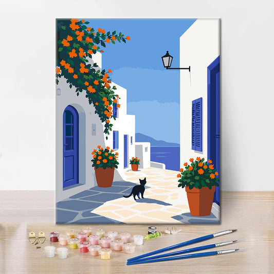 Ruelle d’île grecque avec un chat noir – Peinture par numéros