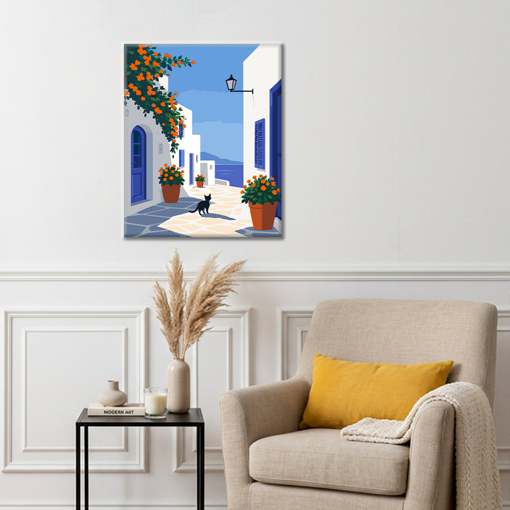 Ruelle d’île grecque avec un chat noir – Peinture par numéros