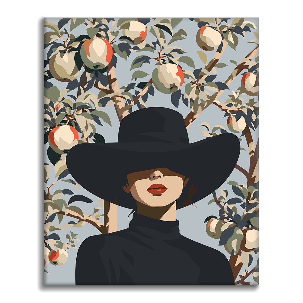 Femme au chapeau noir parmi des branches de poirier – Peinture par numéros
