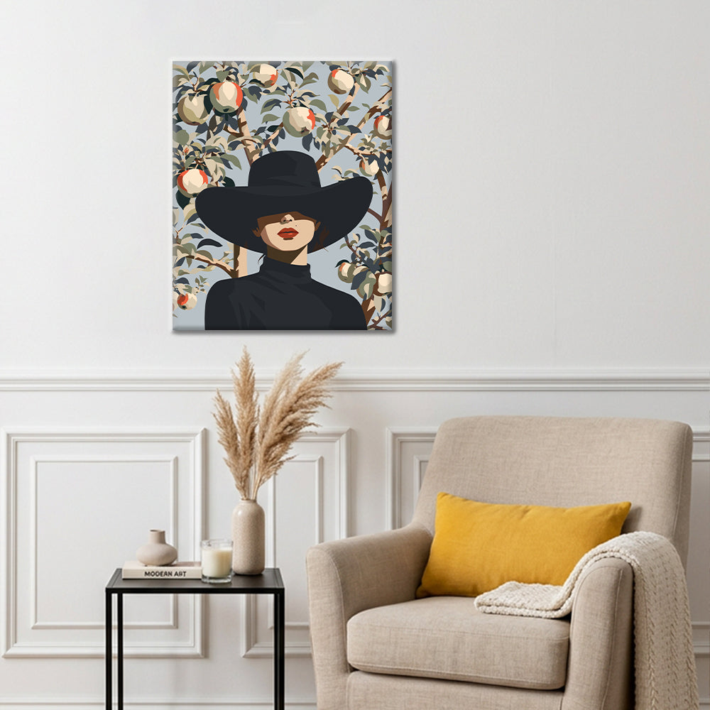 Femme au chapeau noir parmi des branches de poirier – Peinture par numéros