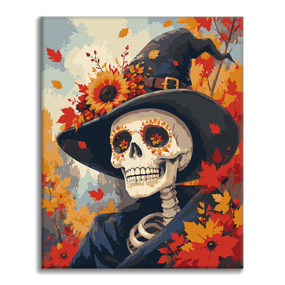 Portrait de sorcière squelette en automne – Peinture par numéros