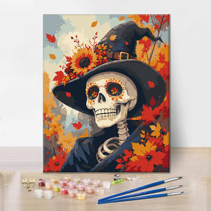 Portrait de sorcière squelette en automne – Peinture par numéros