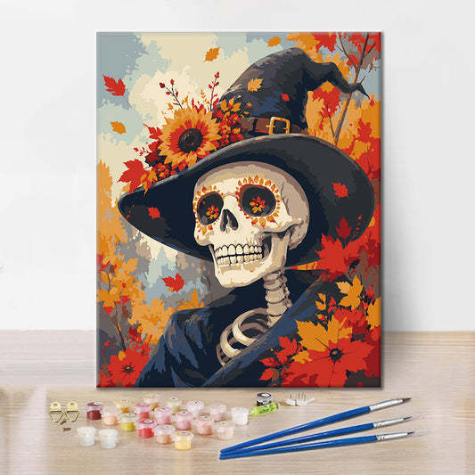 Portrait de sorcière squelette en automne – Peinture par numéros