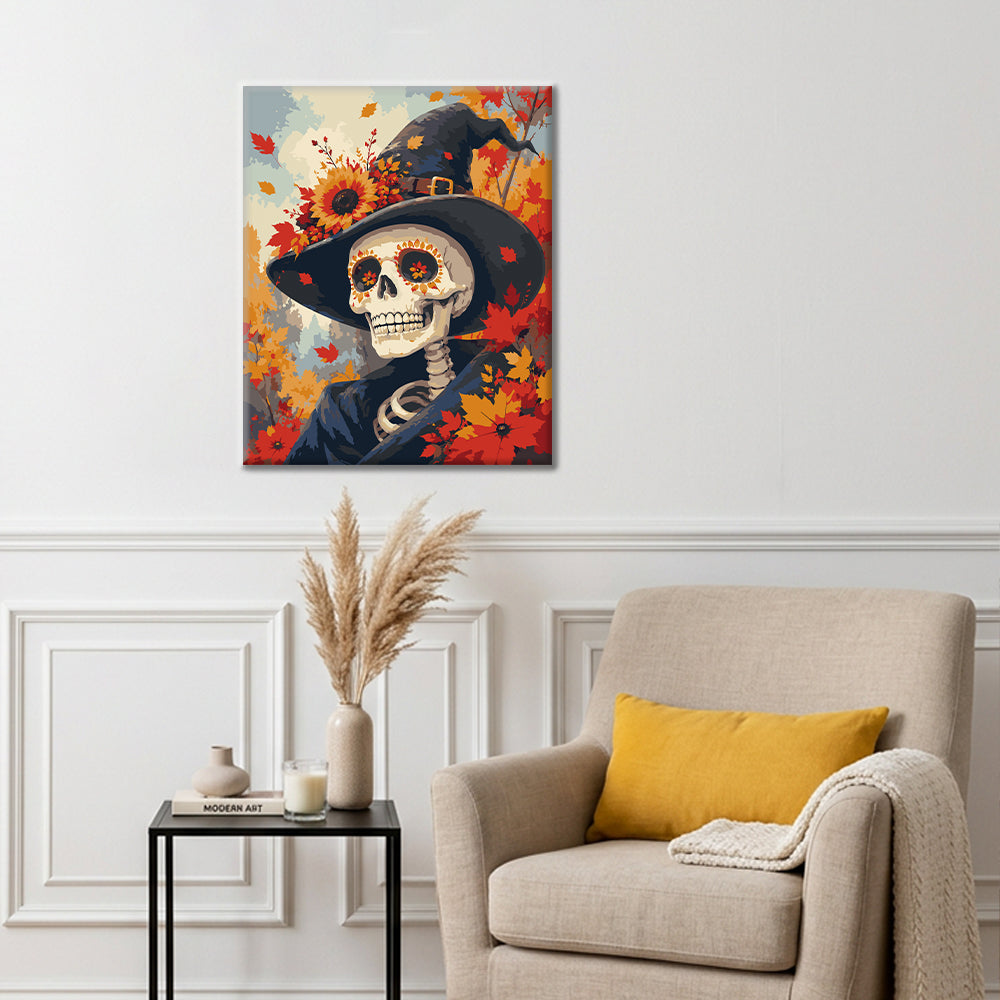 Portrait de sorcière squelette en automne – Peinture par numéros