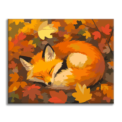 Renard endormi dans les feuilles d’automne – Peinture par numéros