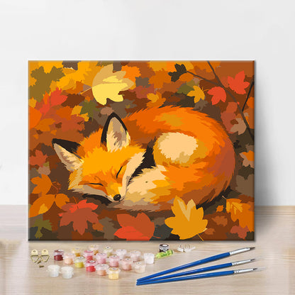 Renard endormi dans les feuilles d’automne – Peinture par numéros