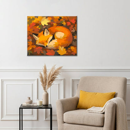 Renard endormi dans les feuilles d’automne – Peinture par numéros