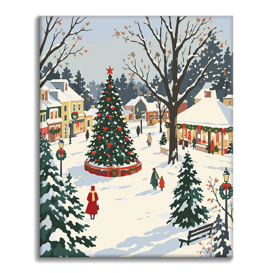 Sapin de Noël d’une ville enneigée – Peinture par numéros