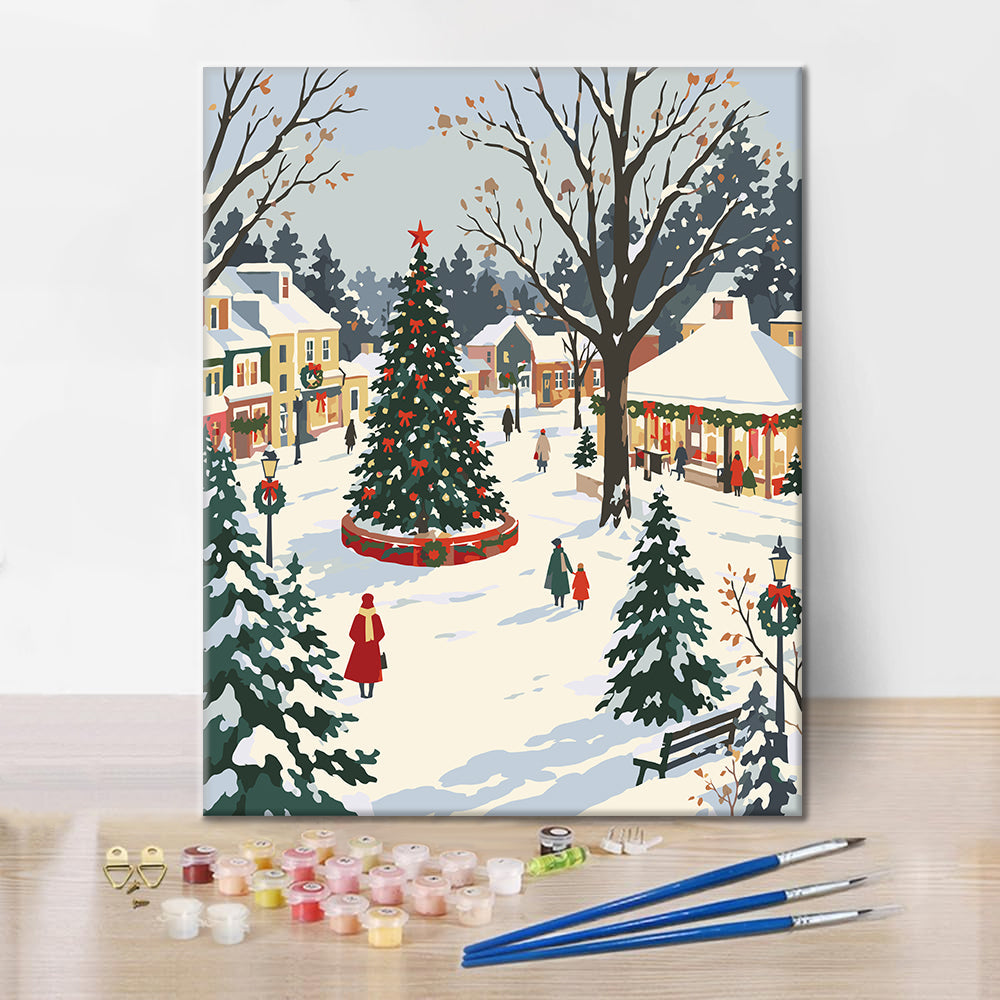 Sapin de Noël d’une ville enneigée – Peinture par numéros