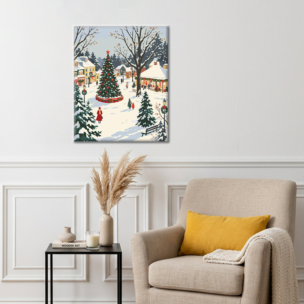Sapin de Noël d’une ville enneigée – Peinture par numéros