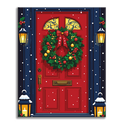 Porte rouge avec couronne de Noël – Peinture par numéros