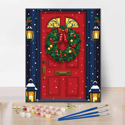 Porte rouge avec couronne de Noël – Peinture par numéros