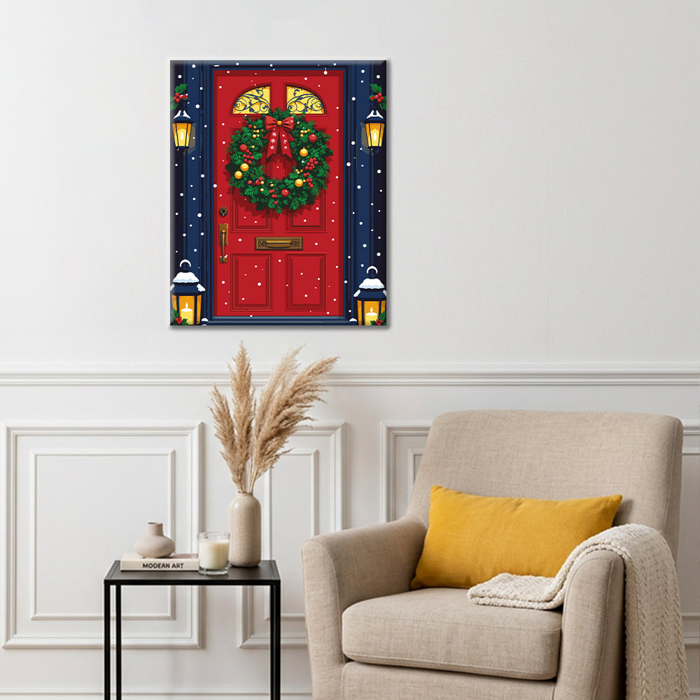 Porte rouge avec couronne de Noël – Peinture par numéros