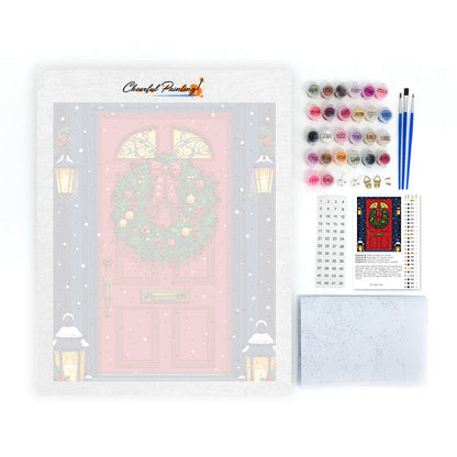 Porte rouge avec couronne de Noël – Peinture par numéros