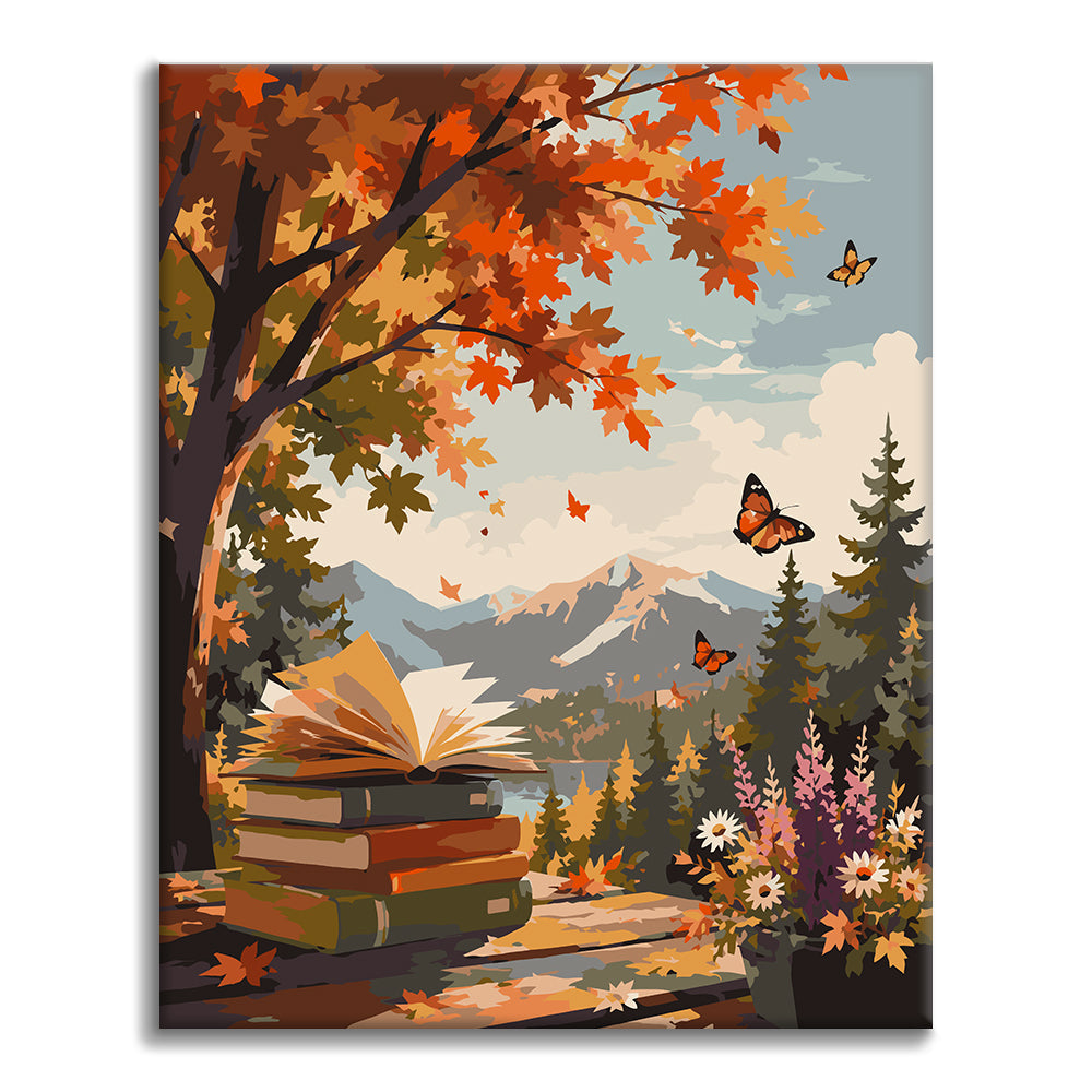 Livre ouvert dans les montagnes d’automne – Peinture par numéros
