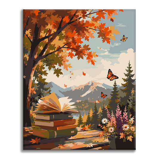 Livre ouvert dans les montagnes d’automne – Peinture par numéros