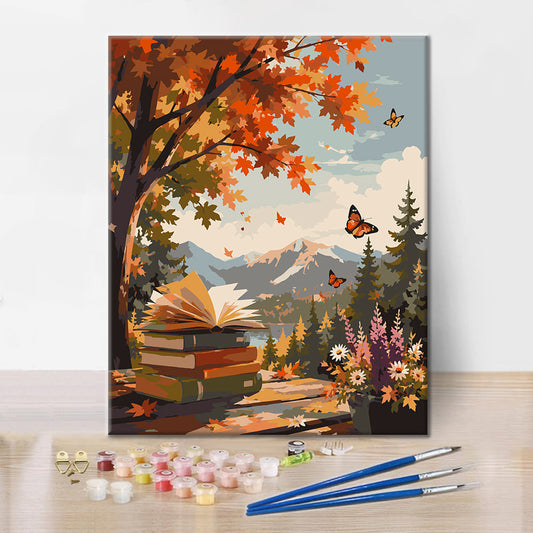 Livre ouvert dans les montagnes d’automne – Peinture par numéros