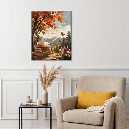 Livre ouvert dans les montagnes d’automne – Peinture par numéros