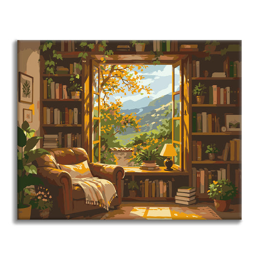 Bibliothèque ensoleillée avec vue sur la montagne – Peinture par numéros