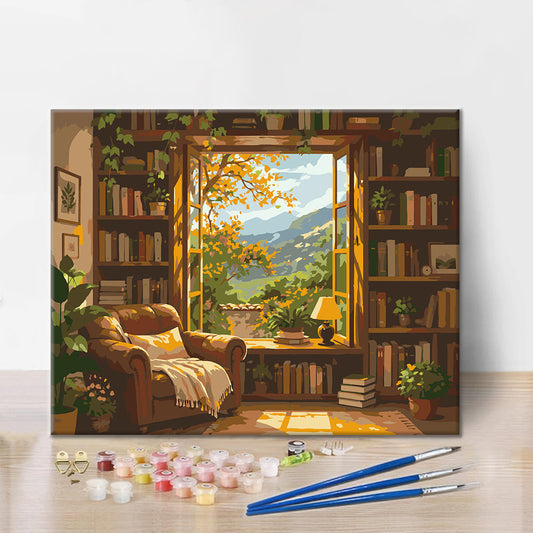 Bibliothèque ensoleillée avec vue sur la montagne – Peinture par numéros