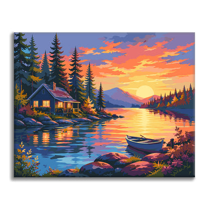 Chalet au bord du lac au coucher du soleil – Peinture par numéros