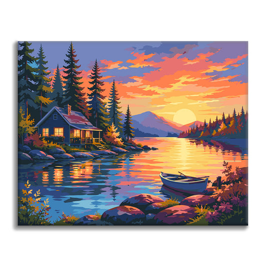 Chalet au bord du lac au coucher du soleil – Peinture par numéros