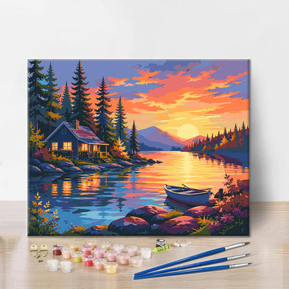 Chalet au bord du lac au coucher du soleil – Peinture par numéros