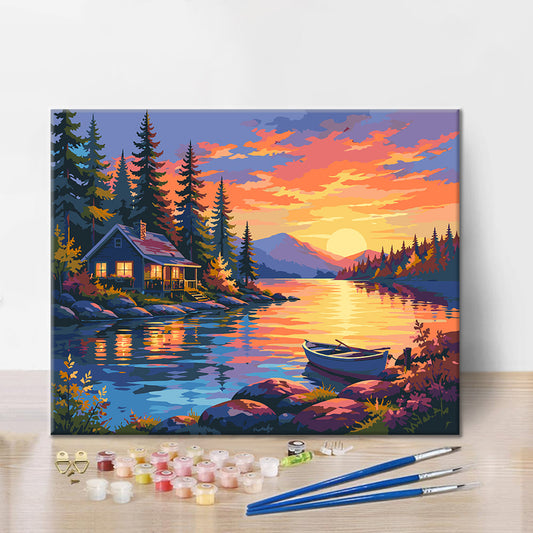 Chalet au bord du lac au coucher du soleil – Peinture par numéros