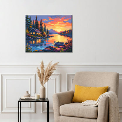 Chalet au bord du lac au coucher du soleil – Peinture par numéros