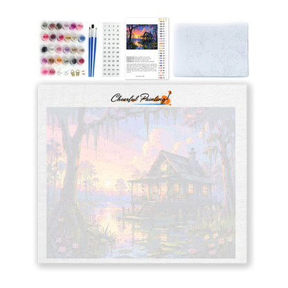 Chalet au bord du lac au coucher du soleil – Peinture par numéros
