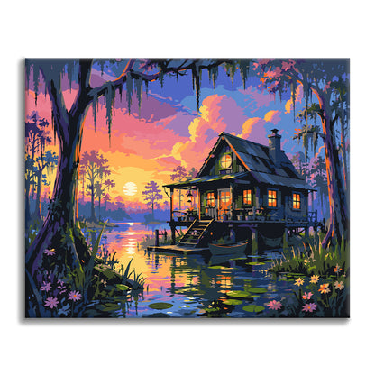 Chalet marécageux au crépuscule – Peinture par numéros