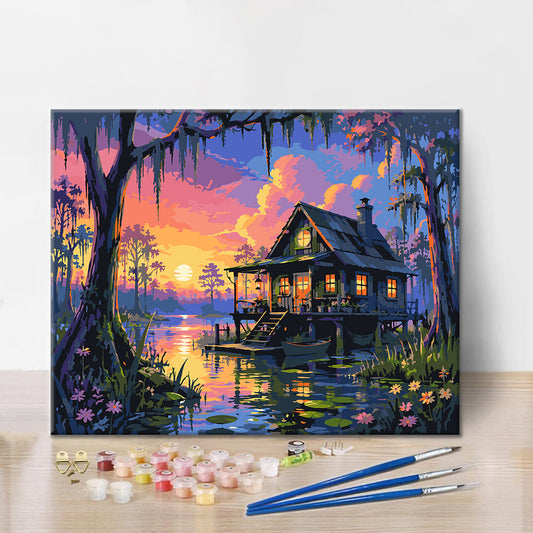 Chalet marécageux au crépuscule – Peinture par numéros
