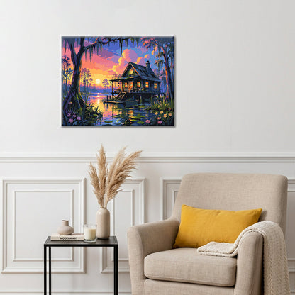 Chalet marécageux au crépuscule – Peinture par numéros
