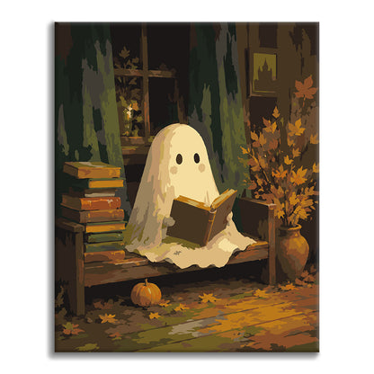 Fantôme lisant dans une bibliothèque d’automne – Peinture par numéros