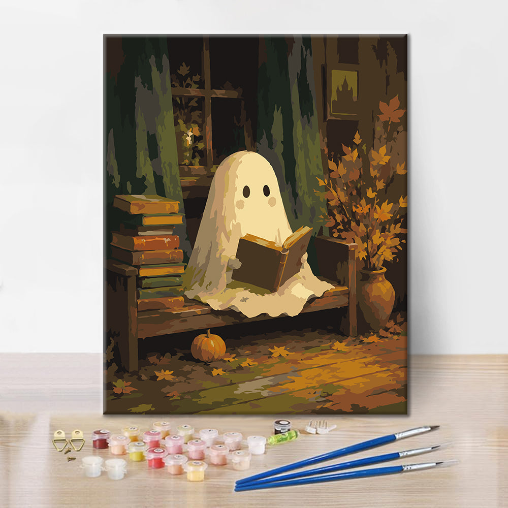Fantôme lisant dans une bibliothèque d’automne – Peinture par numéros