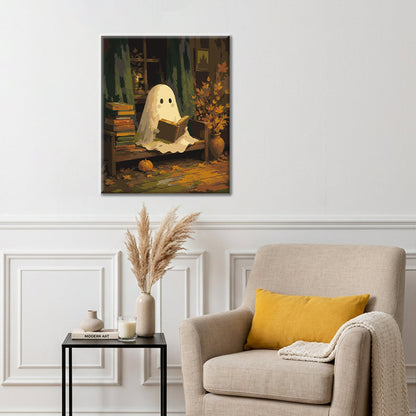 Fantôme lisant dans une bibliothèque d’automne – Peinture par numéros