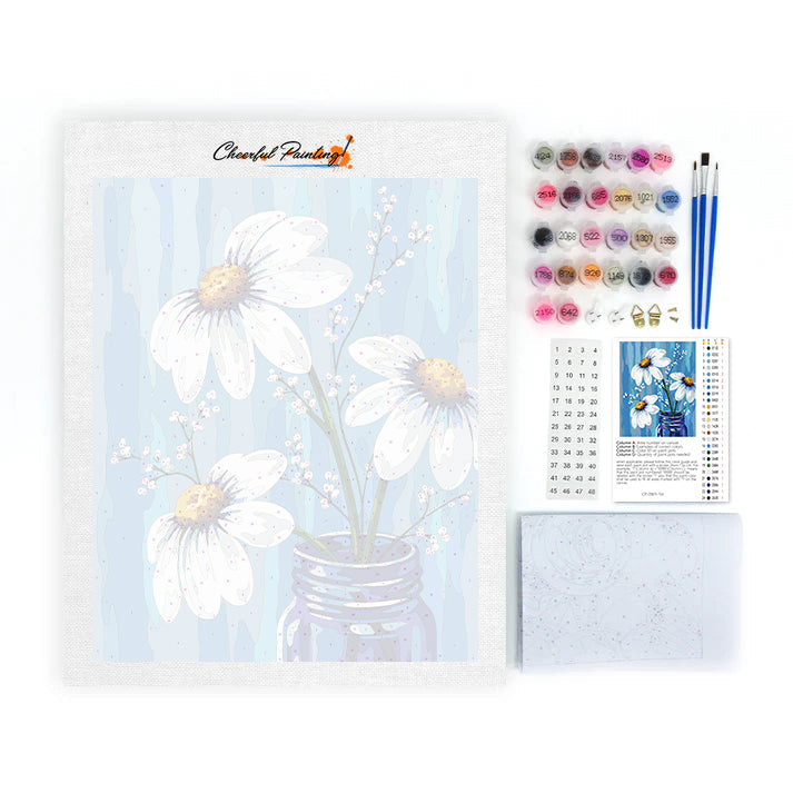 Marguerites blanches dans un vase bleu – Peinture par numéros