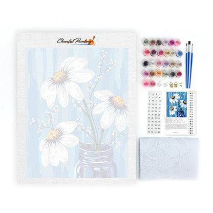Marguerites blanches dans un vase bleu – Peinture par numéros
