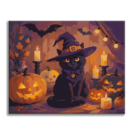 Chat noir avec citrouilles d’Halloween – Peinture par numéros