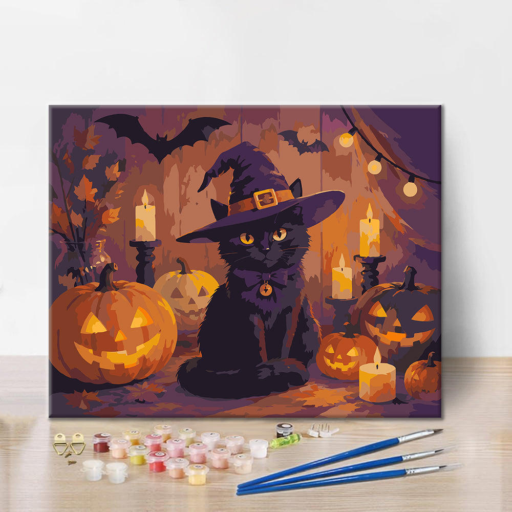 Chat noir avec citrouilles d’Halloween – Peinture par numéros