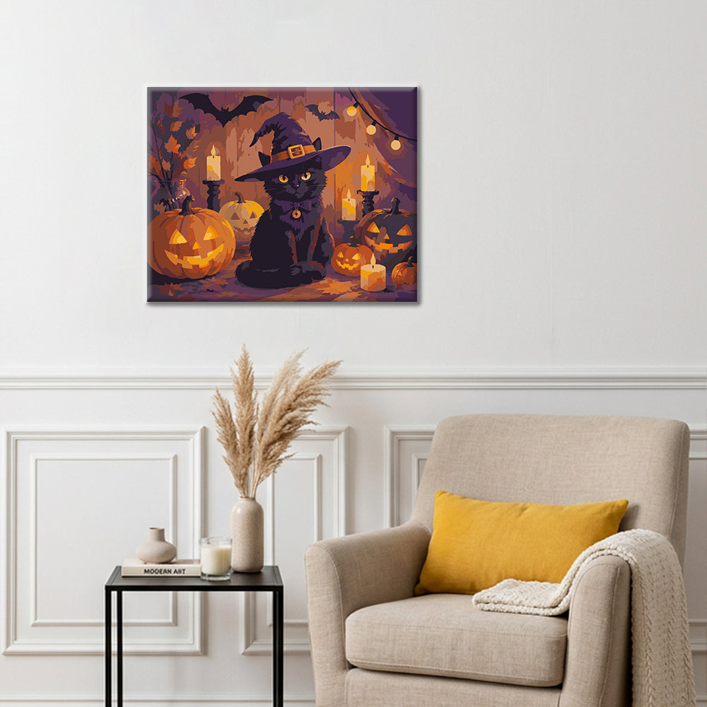 Chat noir avec citrouilles d’Halloween – Peinture par numéros