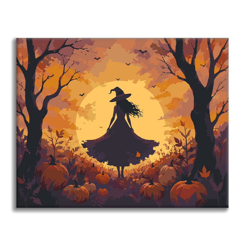 Silhouette de sorcière dans les bois de citrouilles – Peinture par numéros