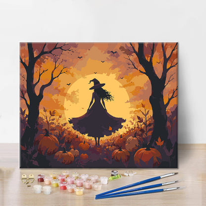 Silhouette de sorcière dans les bois de citrouilles – Peinture par numéros
