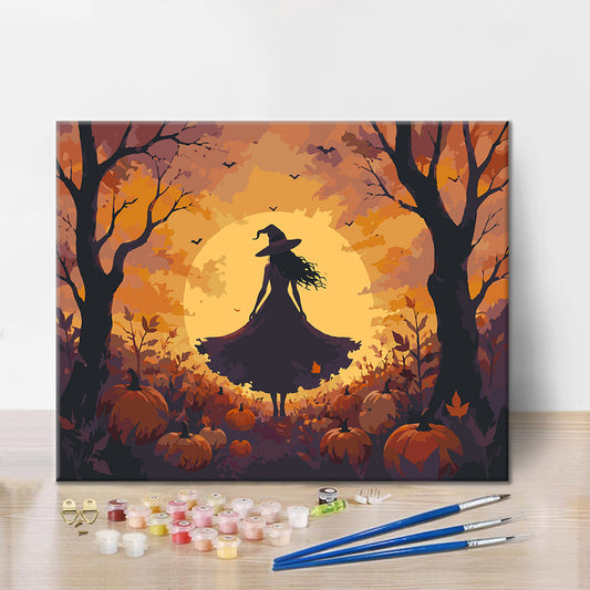 Silhouette de sorcière dans les bois de citrouilles – Peinture par numéros