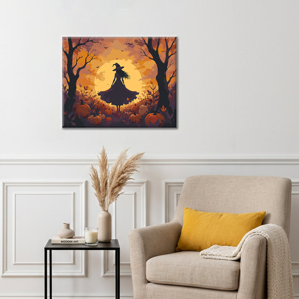 Silhouette de sorcière dans les bois de citrouilles – Peinture par numéros