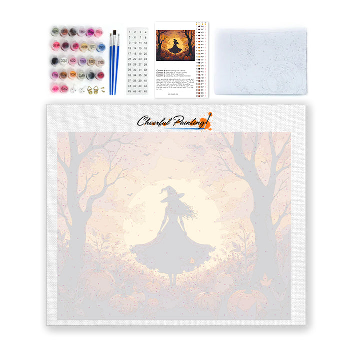 Silhouette de sorcière dans les bois de citrouilles – Peinture par numéros